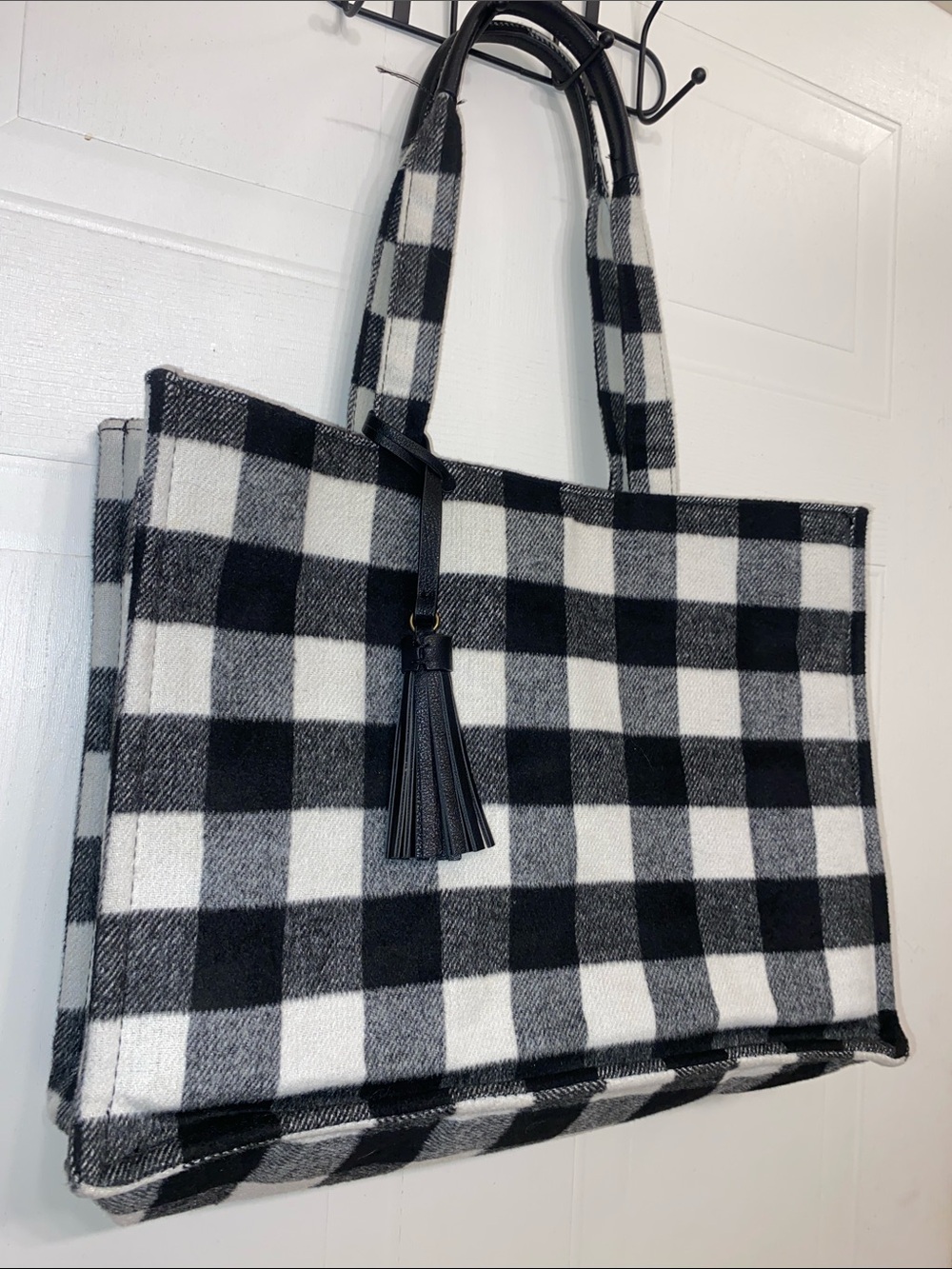 Sonoma Black and White Buffalo Check Tote with Tassel Accent